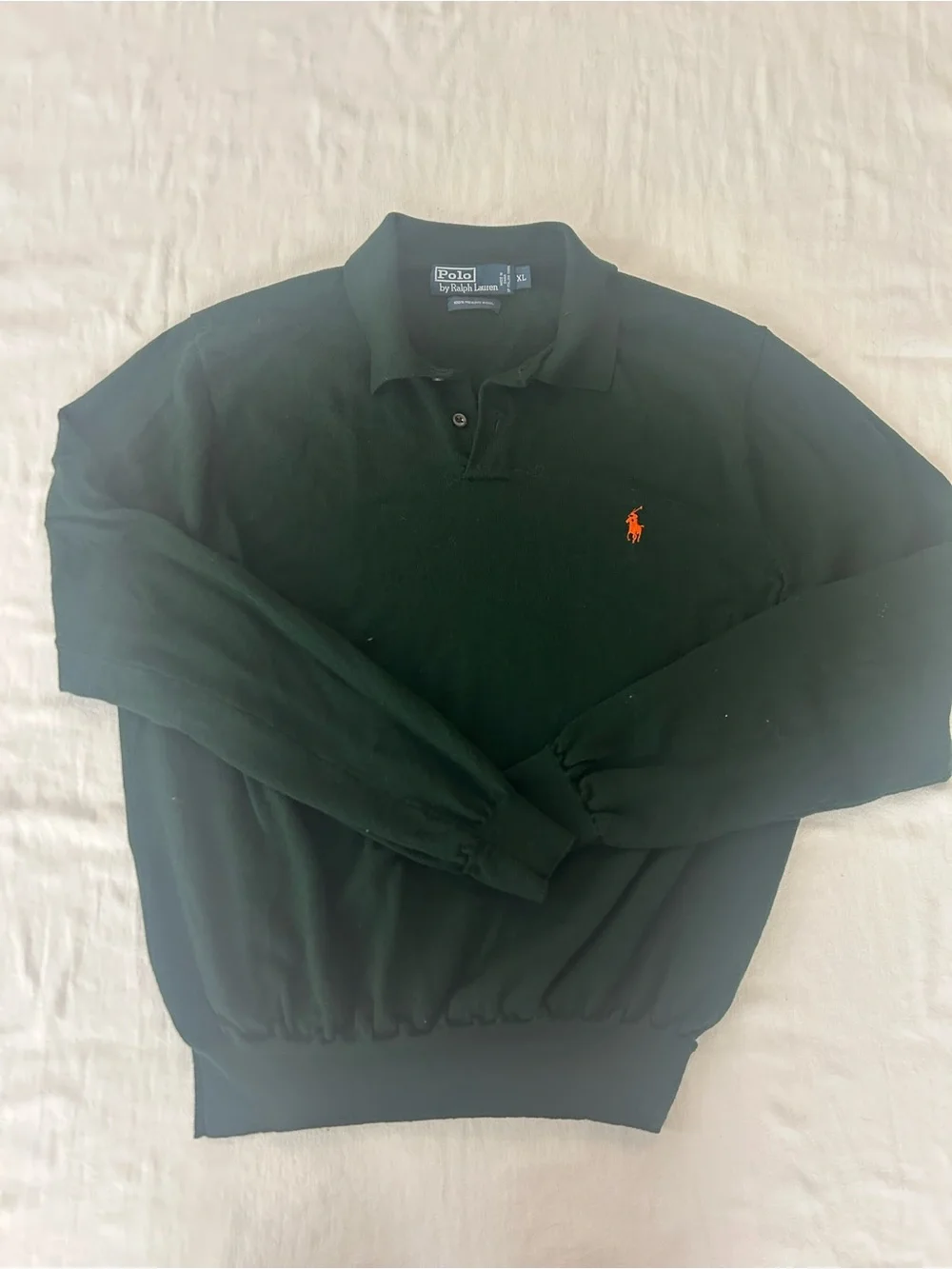 Polo Ralph Lauren Mens XL Dark Green 100% Merino Wool Long Sleeve Polo Sweater